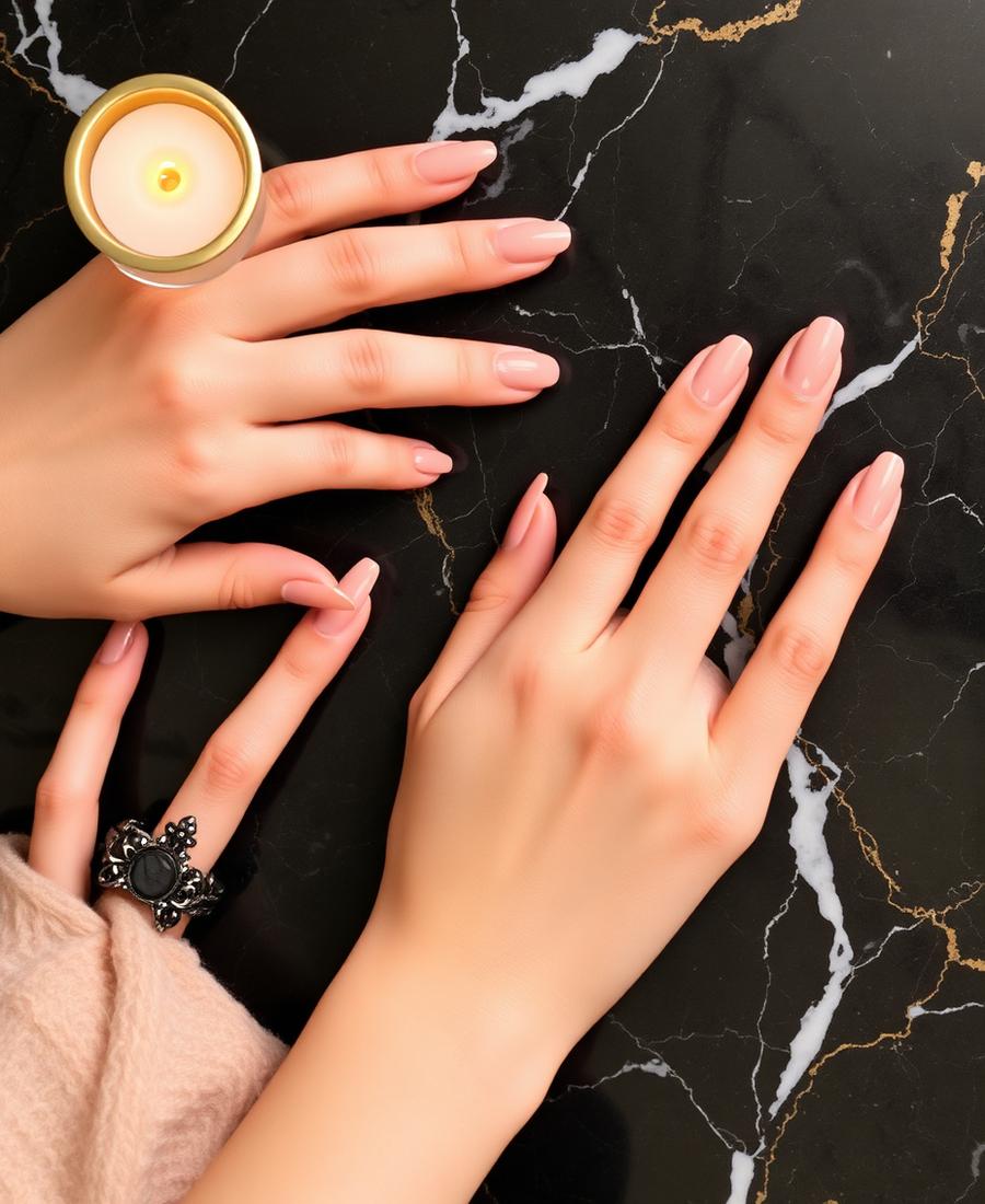 Glossy nude gel manicure on dark marble