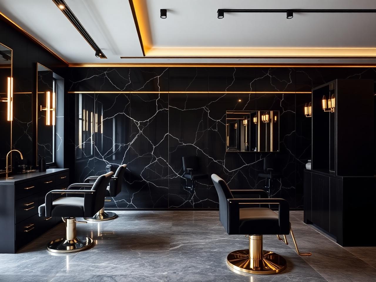 Black and gold interior of THE E.O.M GLOBAL salon in Lagos